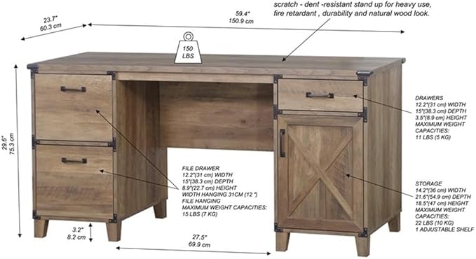 Pemberly Row Farmhouse Engineered Wood Executive Desk Rustic Oak Finish 59.4 W x 23.8 D x 29.7 H Spacious Storage with File Drawers Accessory Drawer Cabinet Home Office Furniture