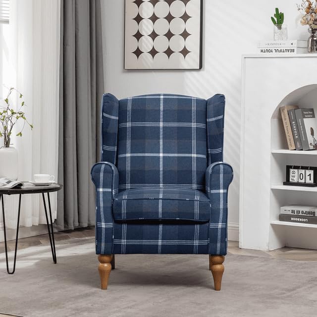Modern Accent Chair with Retro Wood Legs Comfy Upholstered ArmchairTantan Check Design Single Sofa Chair for Living Room Bedroom Office - Blue