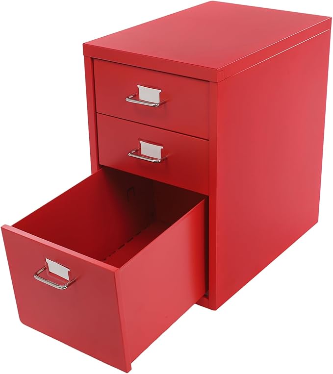 File Cabinet 3 Drawer Filing Cabinet with Wheels Metal Under Desk Storage Cabinet for Home Office Commercial Hanging File Folders Organizer for Letter/A4 Size(Red)