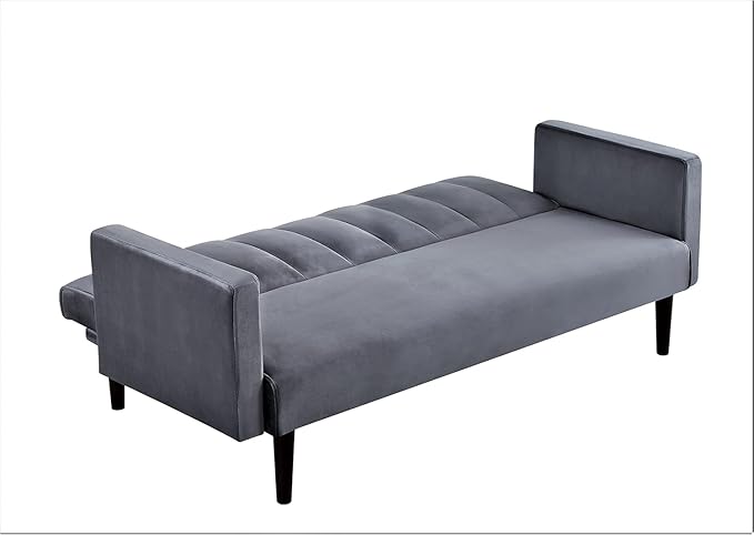 72 Velvet Convertible Futon Sofa Bed - Full Out Twin Sleeper Couch w/Channel Stitch Wood Frame &amp High-Density Foam - Space-Saving for Apartments/Dorms Grey