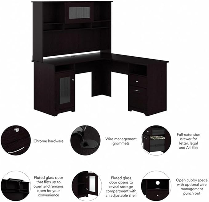 Pemberly Row L Shaped Desk with Hutch Engineered Wood Espresso Oak Finish 60W Computer Desk Storage Cabinet File Drawer Wire Management Fluted Glass Door Home Office Furniture