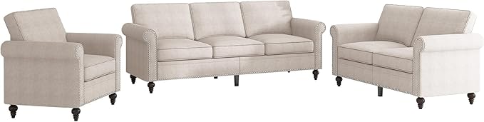 3 Pieces Living Room Sofa Couch and Loveseat Set Sectional Sofa Couch and Chair Furniture Set with Wood Frame and Gourd Shapes Wood Legs Sofas Couches for Living Room Apartment - Beige