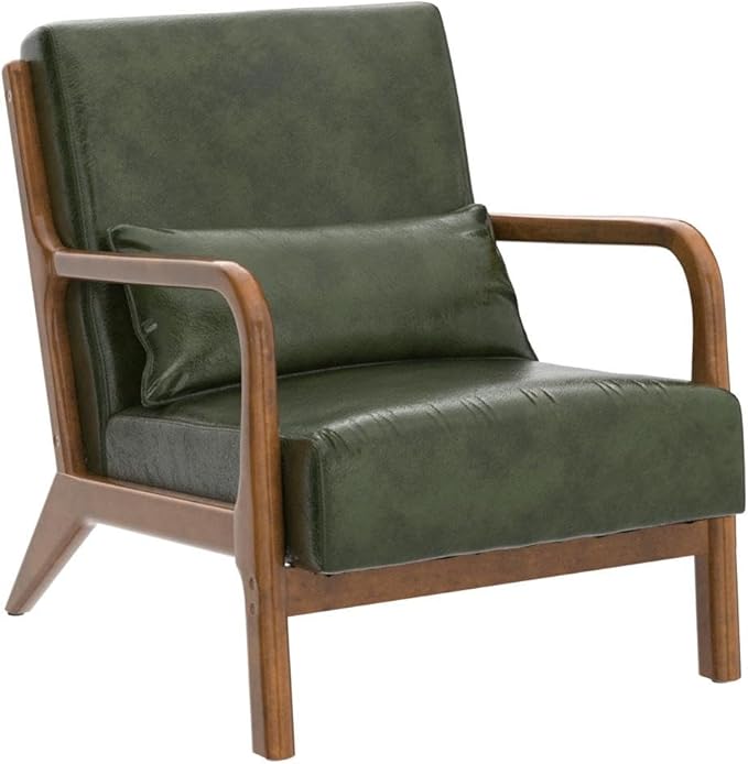 Glitzhome 2 Set Mid Century Hunter Green Accent Armchair Single Reading Armchair PU Leather Lounge Chair with Walnut Ruberwood Frame