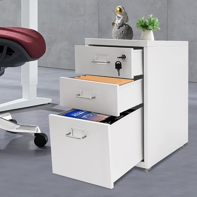 Metal Mobile File Cabinet Rolling Steel Vertical File Cabinet Filing Storage Organizer with Lock and Wheel for Home Office Legal/Letter Size 3-Drawer White