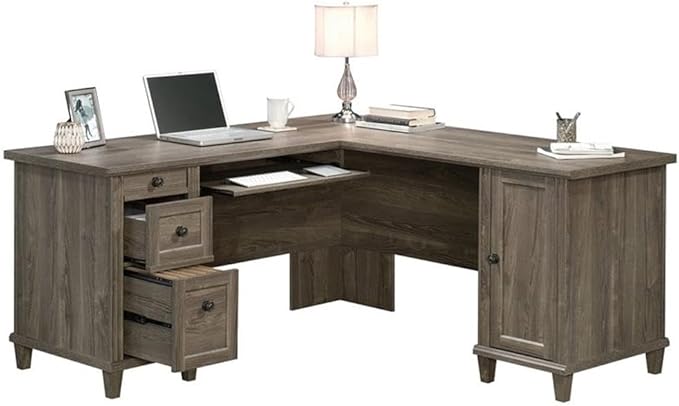 Pemberly Row L-Shaped Engineered Wood Computer Desk Emery Oak Finish 65 in x 65 in x 30 in Durable 1 in Thick Top Slide-Out Keyboard Shelf 3 Drawers Adjustable Shelf Home Office Desk