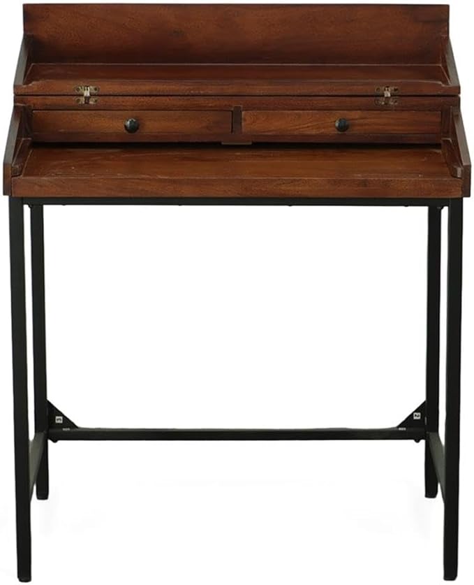 Pemberly Row Hidden Storage Writing Desk Rustic Mango Wood Chestnut Stain Black Metal Frame 31 in x 22 in Foldable Top Industrial Style for Home Office Dorm or Den Use