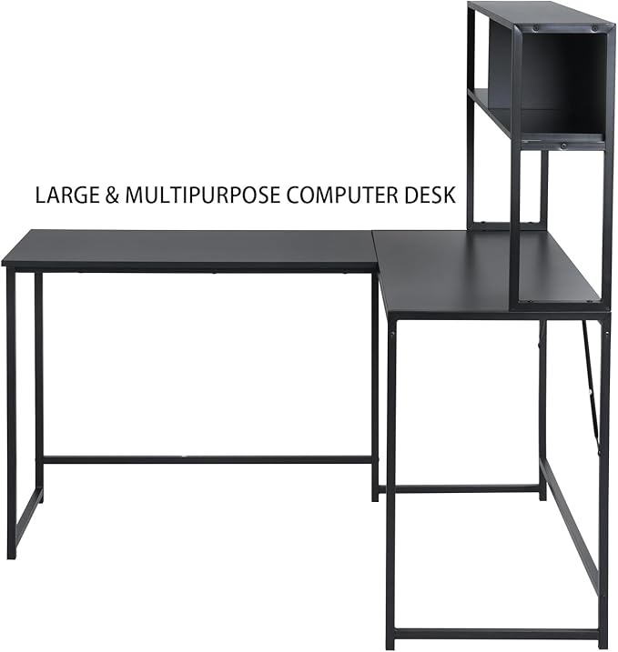 Industrial L-Shaped Desk with Hutch Reversible Corner Computer Desk with Storage Shelves Home Office Study Writing Desk Computer Workstation with Storage Bookshelf Black