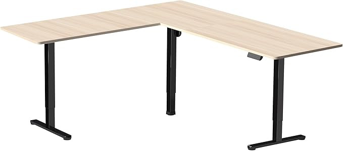 VIVO Corner Standing Desk 75 x 63 inch Reversible L-Shaped Workstation Electric Height Adjustment Home Office and Reception Rooms Light Wood Table Top Black Frame DESK-E3CTBC-75