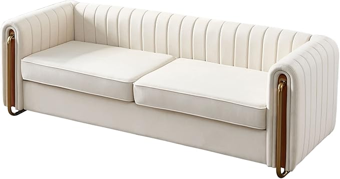 Dolonm Modern Velvet Sofa for Living Room 84 Inches Long Upholstered Sofa Couch with High Armrest and Metal Legs Decor Furniture for Bedroom Office (Beige)