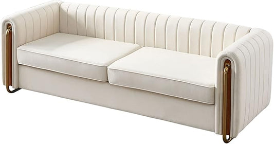 Dolonm Modern Velvet Sofa for Living Room 84 Inches Long Upholstered Sofa Couch with High Armrest and Metal Legs Decor Furniture for Bedroom Office (Beige)