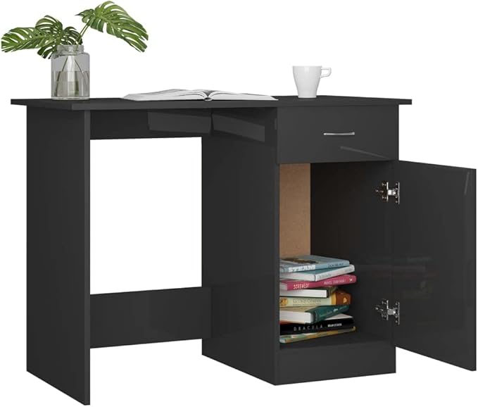Modern Writing Computer Desk with a Drawer and a Door Home Office Desk Writing Study Table PC Desk Workstation for Bedroom High Gloss Gray 39.4x19.7x29.9 Engineered Wood(E)