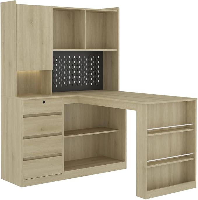 Anwick L Shaped Desk with Hutch Corner Computer Desk with Charging Station &amp Bookshelf &amp File Drawer Standing L Shape Desks for Home Office Bedroom Gaming Room Study Room (Wood)