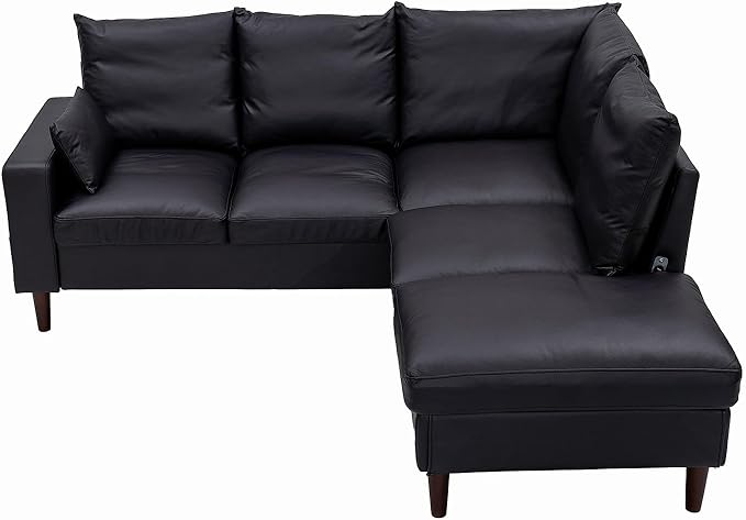 Panana Sectional Sofa 5 Seater L Shape Corner Chaise Sofa for Apartment with Built in USB Port Chaise (Black Artificial Leather 5 Seats Corner Sofa with Built in USB Chaise)