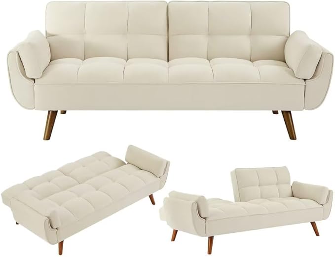 Convertible Sofa Bed Folding Loveseat Couch Modern Futon Recliner Sleeper with Adjustable Backrest Beige