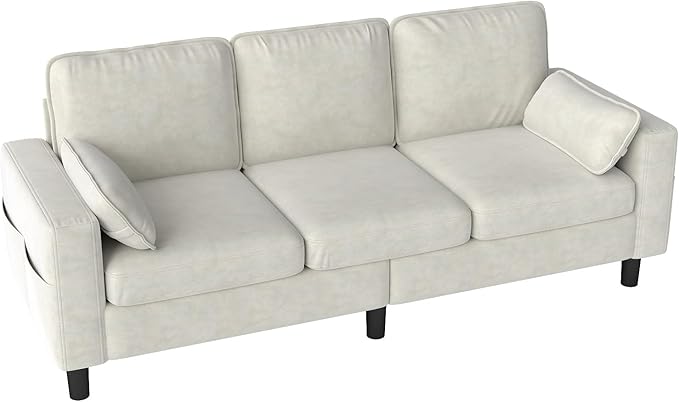 kinbor 3-Seater Couch - Big Comfy Sofa with Magazine Pockets &amp Detachable Cover Durable Foam Couch for Living Room Office Salon Creamy White