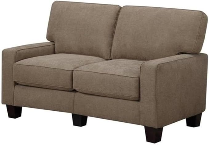 Pemberly Row Traditional Fabric Loveseat 61 Wide Fawn Tan Finish 100% Polyester Upholstery Includes 2 Pillows Flared Arms Memory Foam Cushions Hardwood Frame Compact Cozy Seating for Living
