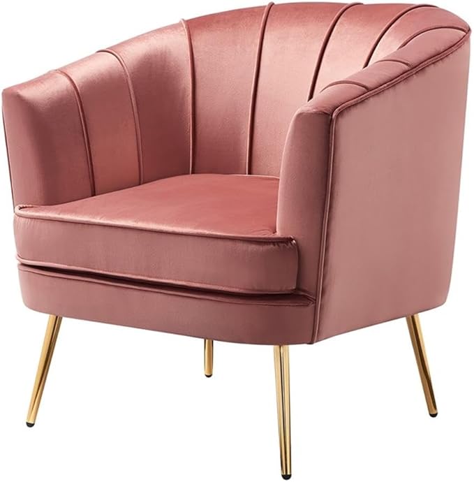 BOWERY HILL Mid-Century Velvet Accent Chair Vintage Pink Rose Upholstery Gold Legs 34.75 W x 32 D x 34.5 H Solid Wood Frame Semi-Firm Seat Cushion Stylish Living Room or Bedroom Seating