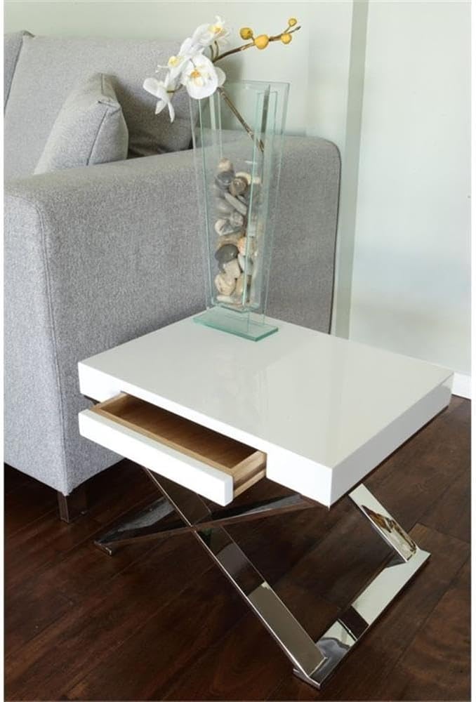Pemberly Row Modern Side Table High Gloss Lacquer Finish High Polished Steel Metal Legs White 16 H x 21 W x 16 D Pull-Out Drawer Multifunctional End Table or Nightstand