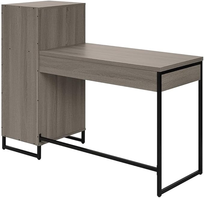 Pemberly Row Lane Worksmart Sit-to-Stand Desk Farm Oak Engineered Wood Adjustable Height with Hutch 54 W x 20.25 D x 42.5 H Storage Shelves Desk Drawer Home Office Organization