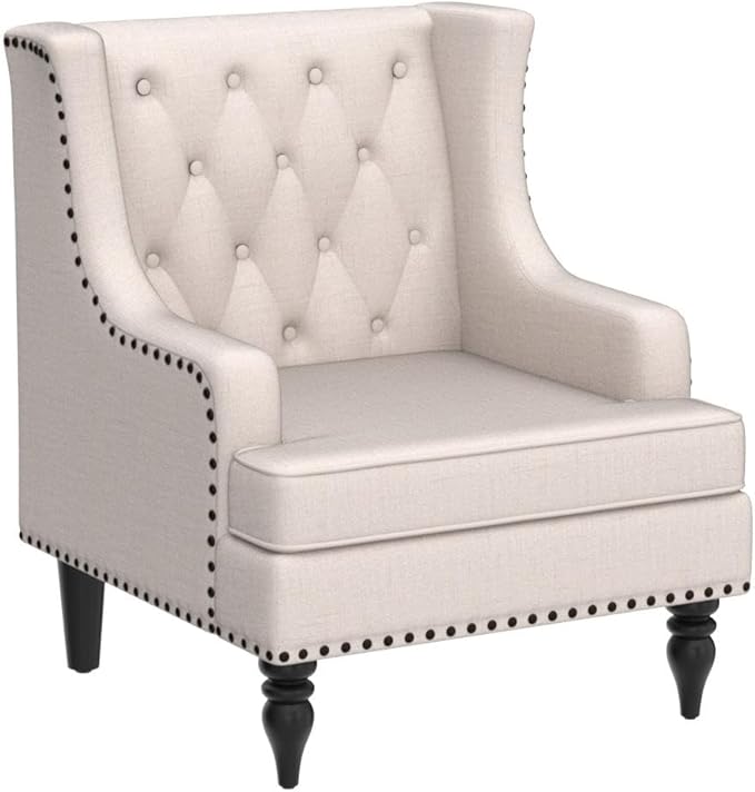 Rosevera Emmie Accent Chairs Upholstered ArmchairLinen Fabric Comfy Reading Seat Lounge for Living Room Bedroom ApartmentEasy Assembly Natural