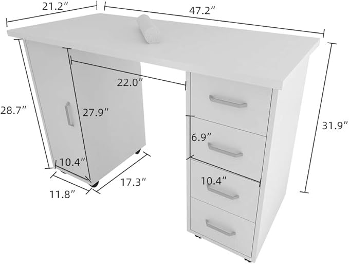 Rolling Desk Table White Computer Desk with 4 Drawers1 DoorWriting Home Office Workstation Mobile Home Office Desk Study Writing Desk with Smooth WheelsSpace Saving Compact Desk for Dorm Apartment