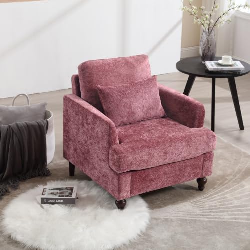 QQU Modern Upholstered Armchair Chenille Fabric Single Armchair with Cushions Living Room Lounge Chair Reading Chair with Solid Wood Frame Suitable for Bedroom Reception RoomWine Red