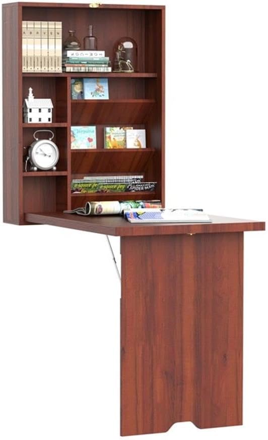 Pemberly Row Wall-Mounted Folding Desk Brown Wooden Finish Compact Space-Saving Design with Storage Shelves Adjustable Compartments Ideal for Home Office Study Room Kitchen or Crafting Station