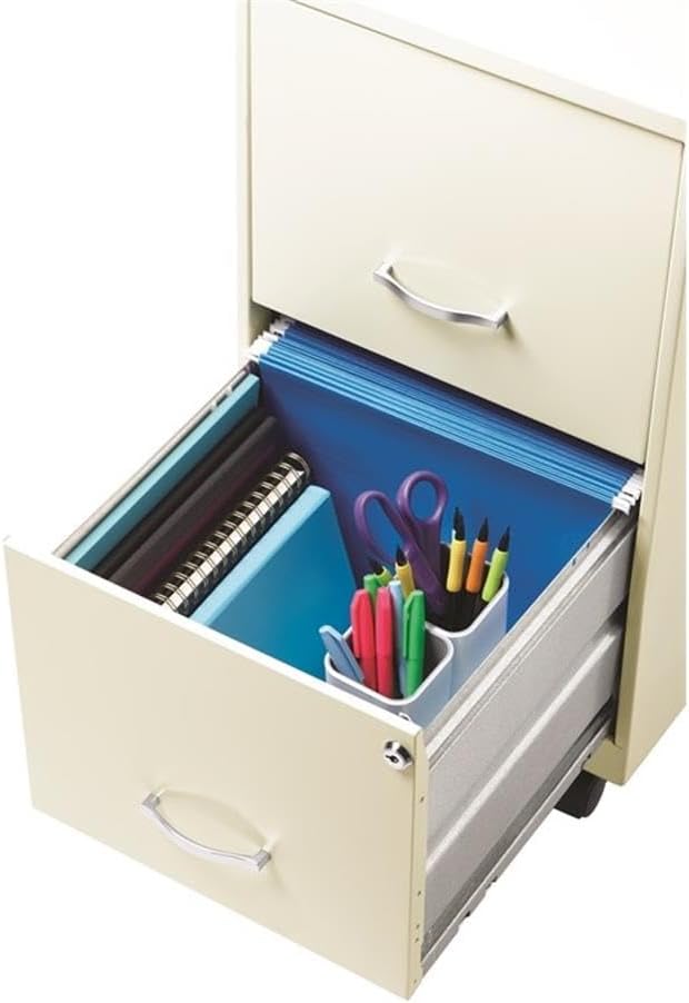 Pemberly Row 2-Drawer Mobile Vertical Filing Cabinet 18in Metal Pearl White Finish Lockable Storage Letter-Size File Drawer Smooth Glide Suspension Compact Office Furniture with Casters