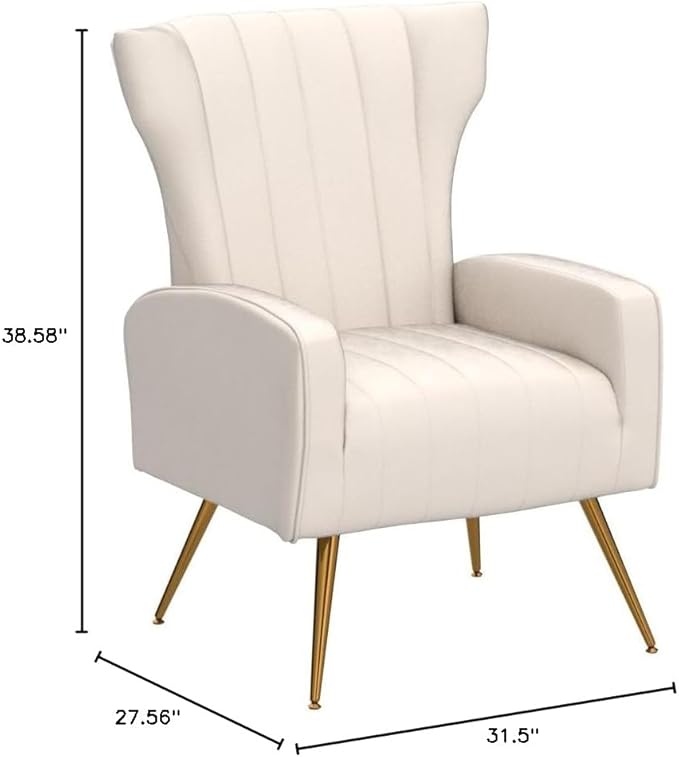 Modern Velvet Accent Chair Channel Tufted Bedroom Office or Living Room Furniture with Elegant Metal Legs 26 Wide Armchair Beige