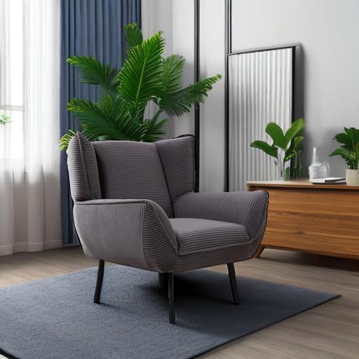 AMERLIFE Accent Chair- Upholstered Living Room Chair with High Wingback Grey Reading Armchair for Bedroom Comfy Corduroy Chair