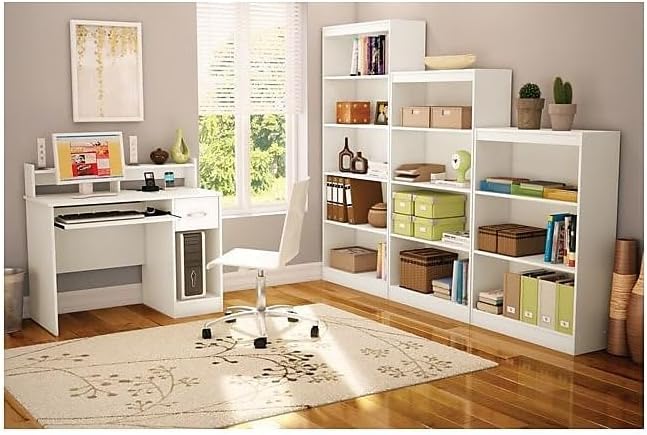 BOWERY HILL Modern Computer Desk with Keyboard Tray Wood Writing Desk with Drawers and Shelves for Home Office White