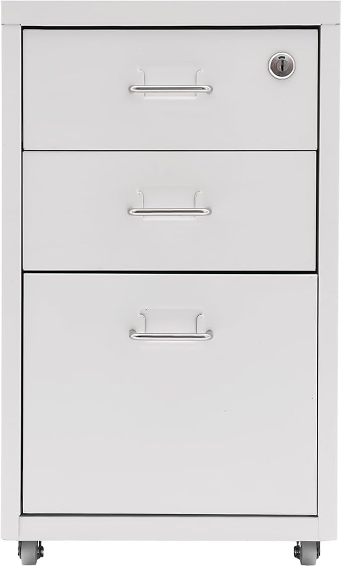 3-Tier Vertical File Cabinet Metal Mobile File Cabinet with Lock+Wheels Lockable Filing Cabinet with 2 Keys Rolling File Cabinets with Lock for Home Office (White)