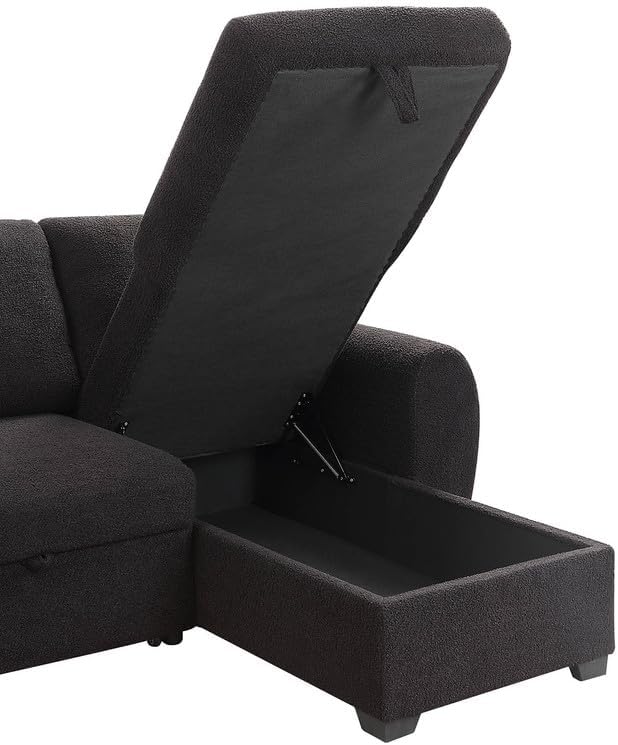 Lilola Home Veronica 95-inch Black Teddy Fleece Reversible Sleeper Sectional Sofa with Storage Chaise – Pull-Out Bed 2 Throw Pillows Pocket Coil Seating Modern L-Shape Couch