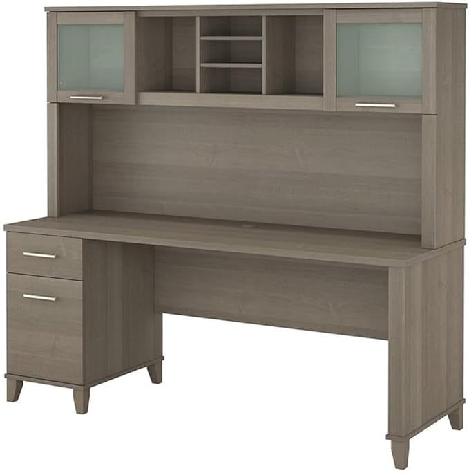 Pemberly Row Modern 72W Office Desk with Hutch Frosted Glass Doors Wire Management Adjustable Shelves Full-Extension File Drawer Spacious Desktop Home Office Storage Solution