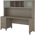 Pemberly Row Modern 72W Office Desk with Hutch Frosted Glass Doors Wire Management Adjustable Shelves Full-Extension File Drawer Spacious Desktop Home Office Storage Solution