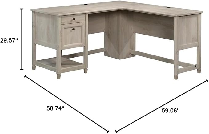 Pemberly Row L-Shaped Engineered Wood Desk Chalked Chestnut Finish 59 in Wide Built-in File Drawer Cord Management Lower Shelf Storage Home Office Executive Desk for Work or Study Use