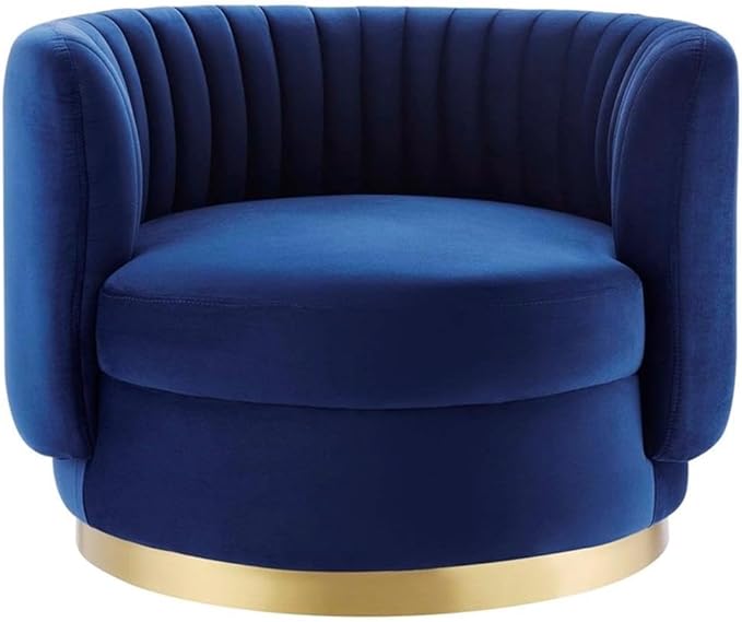 Pemberly Row Tufted Performance Velvet Swivel Chair 25 H x 34 W x 31.5 D Gold Metal Base Navy Velvet Upholstery Dense Foam Padding Modern Glam Accent Chair for Living Room or Home Office