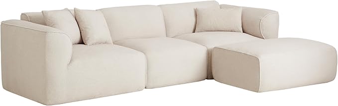 Luxury Living Room Double-Needle Cut Velvet Sofa 4-Seater with Pure Sponge Seat Cushions A Detachable Footstool and 3 Throw Pillows L Shaped Polyester Sofa for Living Rooms (Beige-EK99)