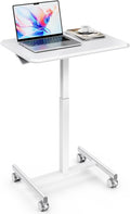 iPower Standing Desk Small Rolling Desk with Lockable Wheels Mobile Stand Up Desk Adjustable Height 28-43 Inch Portable Laptop Desk Small Computer Standing Table Sit Stand White