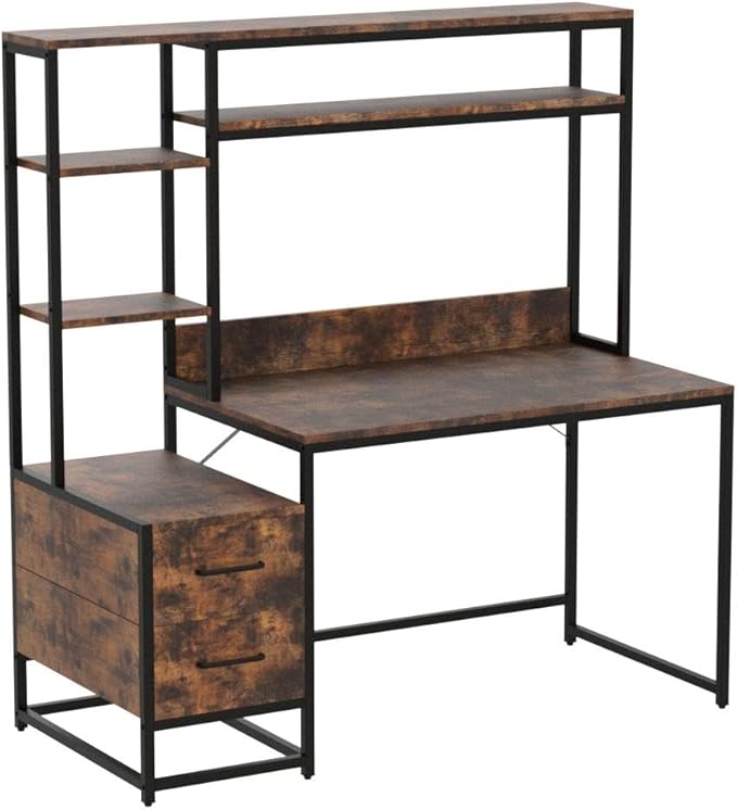 Tribesigns 55 Inch Computer Desk with 2 Drawers and Storage Shelves Rustic Office Desk with Hutch Study Writing Gaming Table Laptop Workstation for Home Office (Brown)