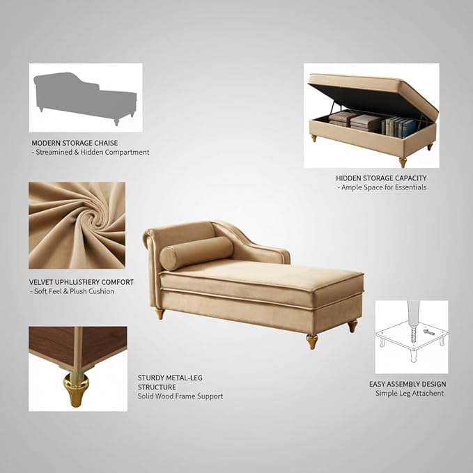 60.6 Modern Storage Chaise Lounge IndoorVelvet Upholstery Sofa Chair with1 Toss PillowsUpholstery Lounge Sofa with Gold Metal Legs for Small ApartmentLiving RoomOfficeReception AreaKhaki