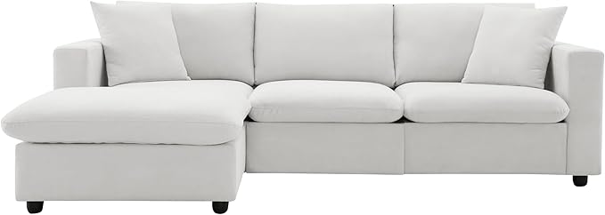 100.4 Modular Sectional Sofa Cloud Couch for Living Room Modern Convertible L Shaped Couch Set with Ottoman 4 Seater Polyester Fabric Sofa with 2 Pillows for Apartment Office (White)