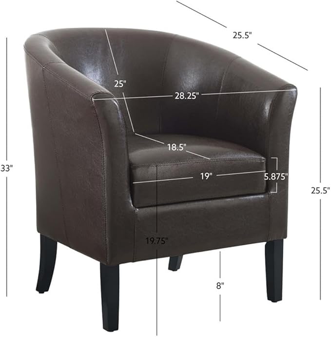 Pemberly Row Contemporary Faux Leather Barrel Club Chair Brown Finish Rubberwood Frame Upholstered Vinyl Flared Armrests Arching Backrest 28.25W x 25.5D x 33H Accent Chair for Living Room