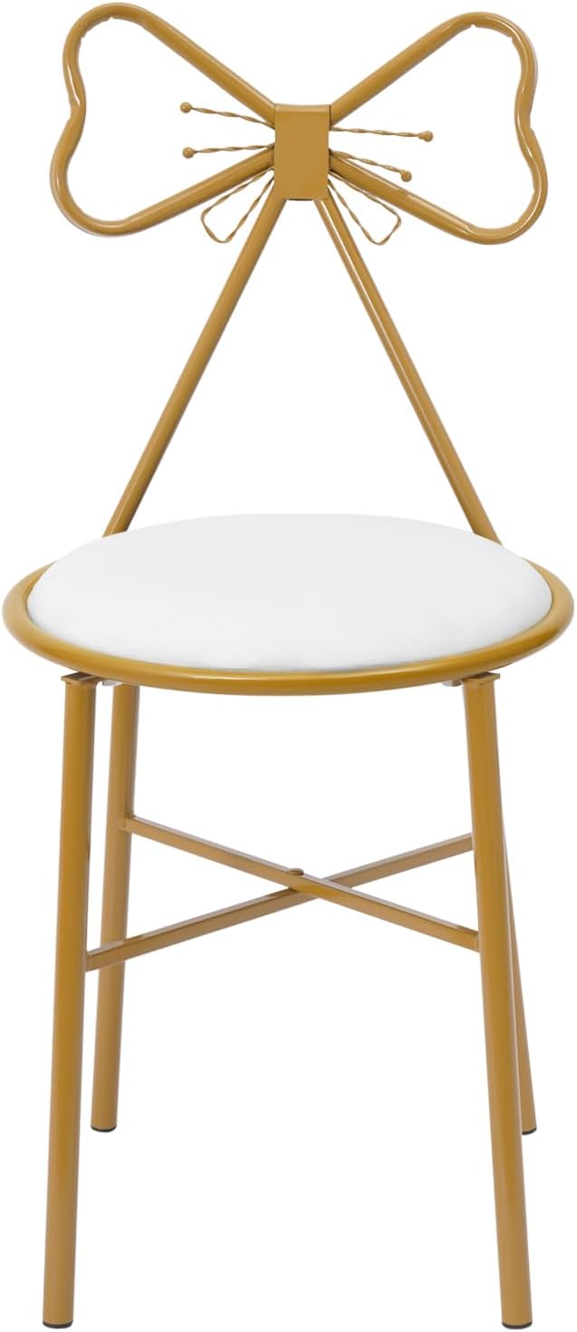 Modern Vanity Chair Stool Cute Butterfly Makeup Chair with Backrest Creative Gold Metal Bow Chairs for Living Rooms Bedrooms Kitchen Terraces Office (White)