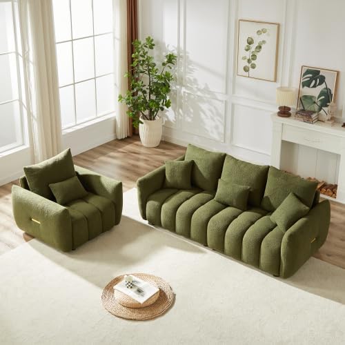 Teddy Cloud Sofa Couch Modern Deep Seat Boucle Single Sofa Chair Comfy Upholstered Sherpa Couch with Pillow Oversized Accent Armchair for Living Room Apartment Office Olive Green