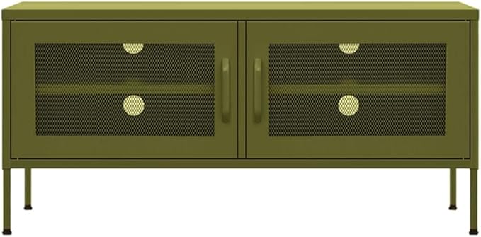 vidaXL Steel TV Stand with Adjustable Levelers Olive Green 41.3x13.8x19.7 Industrial Cable-Management TV Cabinet with Mesh Doors and Interior Shelve