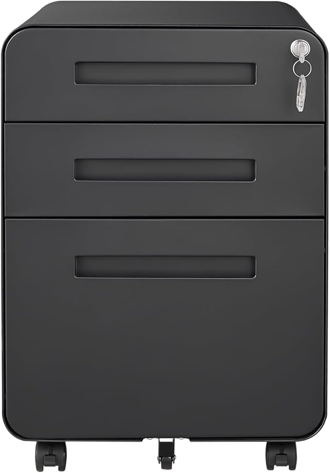 Office Pedestal File Cabinet: Lockable Compact Storage Solution for Home Office - Under Desk Cabinet with Removable Pencil Tray Hanging Bar and 5 Utility Wheels (Black)
