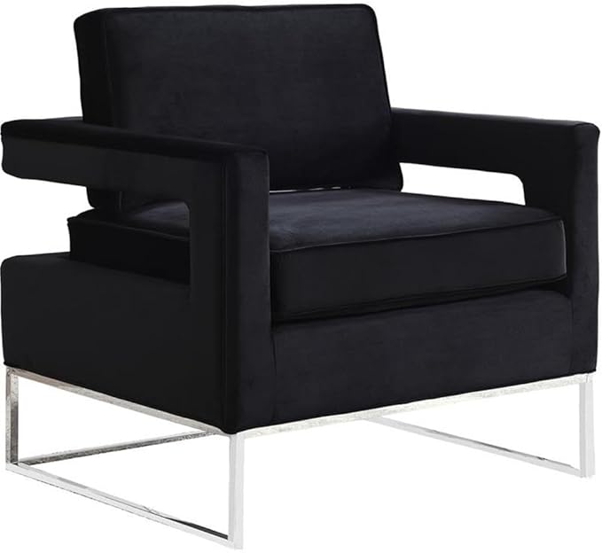 Pemberly Row Contemporary Upholstered Black Velvet Accent Chair Solid Wood Frame Chrome Iron Legs High-Density Foam Padding Comfortable Design 33.5 W x 29.5 D x 35.5 H Stylish Seating for