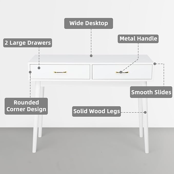 Small White Desk with 2 Drawers Modern Writing Desk for Small Spaces Home Office Desk for Study Laptop Computer Desk for Work Makeup Vanity Table for Bedroom (White)