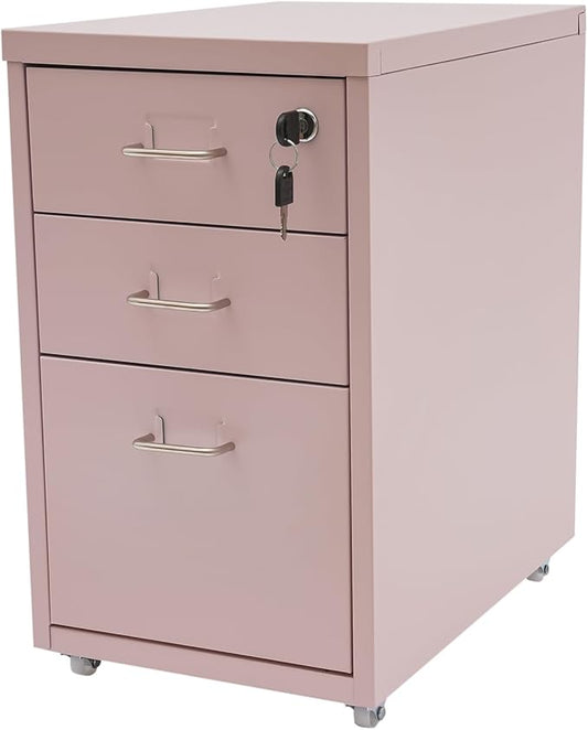 3-Drawer Vertical File Cabine Pink Metal Mobile Filing Cabinet Under Desk with Lock and Wheels Under Desk Metal Filing Cabinet for Office and Home - Assembly Required